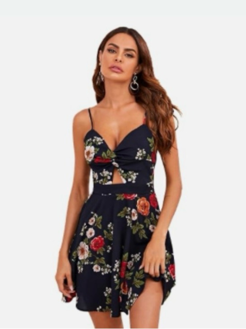 Navy Floral Cutout Mini Dress with Spaghetti Straps